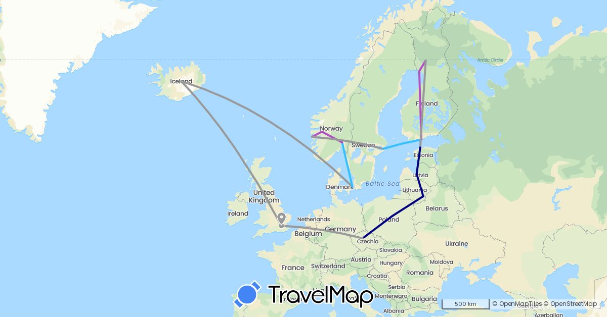 TravelMap itinerary: driving, plane, train, boat in Czech Republic, Denmark, Estonia, Finland, United Kingdom, Iceland, Lithuania, Latvia, Norway, Sweden (Europe)