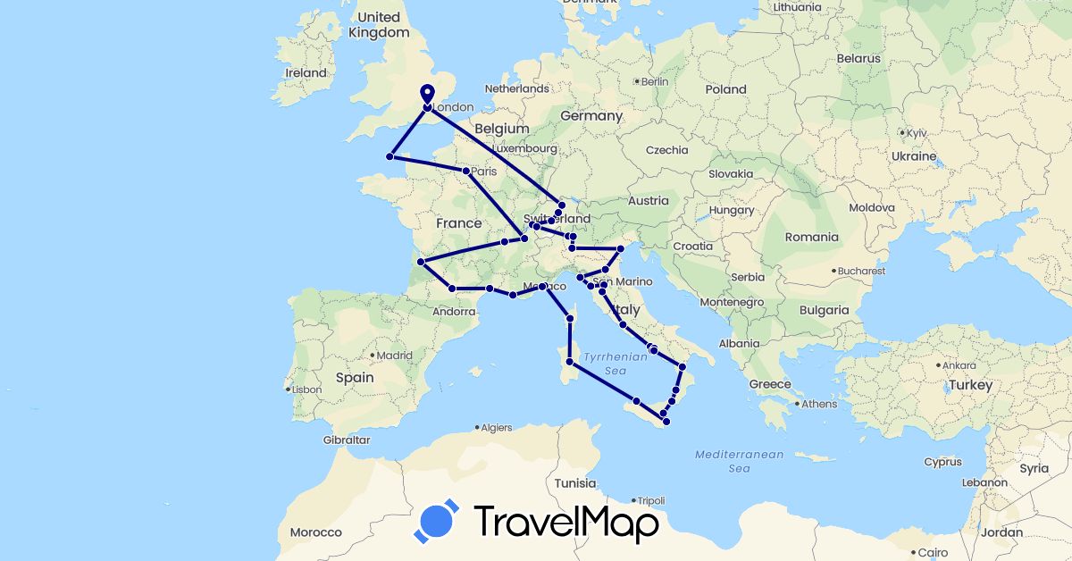 TravelMap itinerary: driving in Switzerland, France, United Kingdom, Guernsey, Italy, Monaco (Europe)